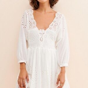 White Eyelet Puff Sleeve Cottagecore Dress  | FREE PEOPLE